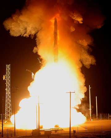 An unarmed Minuteman III ICBM shoots out of its silo during an operational test launch February 25, 2012 at Vandenberg Air Force Base, Calif.  (U.S. Air Force photo)