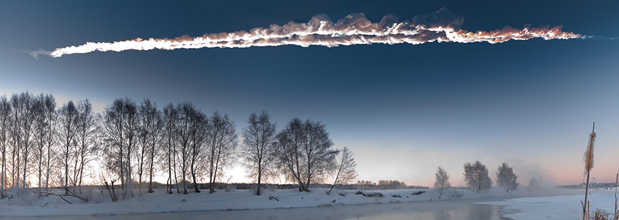 This asteroid, roughly 18 meters wide, whizzed through the sky above Chelyabinsk, Russia, on Feb. 15, 2013 before exploding in  the atmosphere and causing considerable damage on the ground. The photograph was taken by a local Chelyabinsk resident, M. Ahmetvaleev. (Photo by M. Ahmetvaleev via NASA)