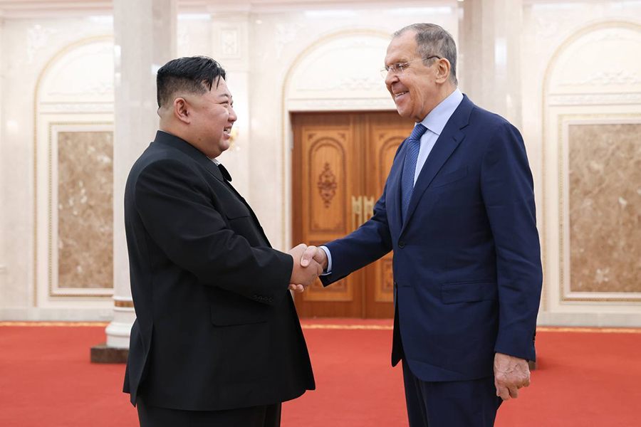 As tensions intensify between North Korea and South Korea, the North has been drawing closer to Russia. Russian Foreign Minister Sergey Lavrov (R) met North Korean leader Kim Jong Un in Pyongyang on Oct. 19. (Photo by Russian FMA Telegram Channel/Handout/Anadolu via Getty Images)