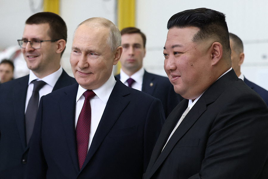 Russian President Vladimir Putin (L) and North Korean leader Kim Jong Un (R) are shown meeting in September in the Vostochny Cosmodrome in Russia’s Far East region amid talk of a weapons deal. The United States recently accused Russia of launching North Korean ballistic missiles at Ukrainian targets. (Photo by Vladimir Smirnov/POOL/AFP via Getty Images)