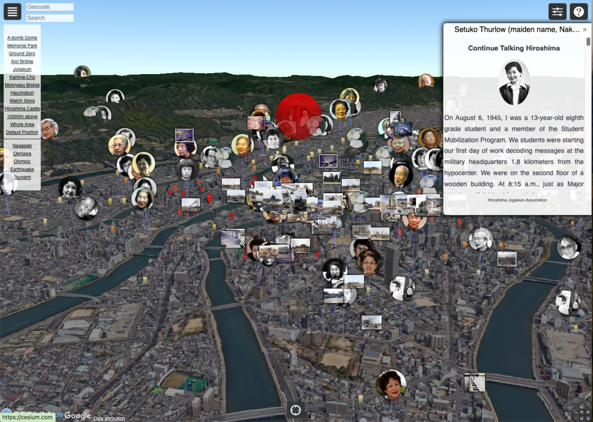 Hiroshima Archive map on Google Earth displaying online testimonies through multimedia. The red sphere indicates the point of explosion. (Photo: Hiroshima Archive)