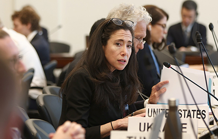 Mallory Stewart, U.S. assistant secretary of state for arms control, deterrence, and stability, addresses a plenary session of the Conference on Disarmament focused on weapons of mass destruction and technologies, last May in Geneva.  (Photo by U.S. State Department)