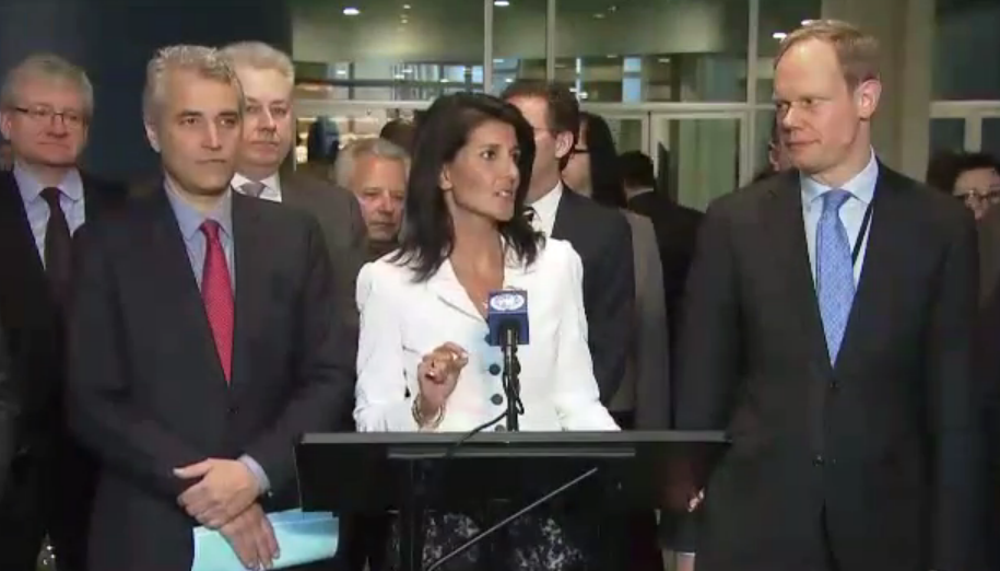 (Left to right) French Deputy Ambassador Alexis Lamek, U.S. Ambassador Nikki Haley, and UK Ambassador Matthew Rycroft state their governments' oppostion to negotiations to prohibit nuclear weapons (Photo: UN WebTV)
